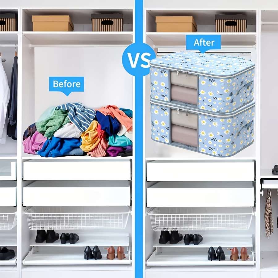 2Pcs Large Storage Bags Heavy Duty Storage Blue Daisy Visible Storage Bag