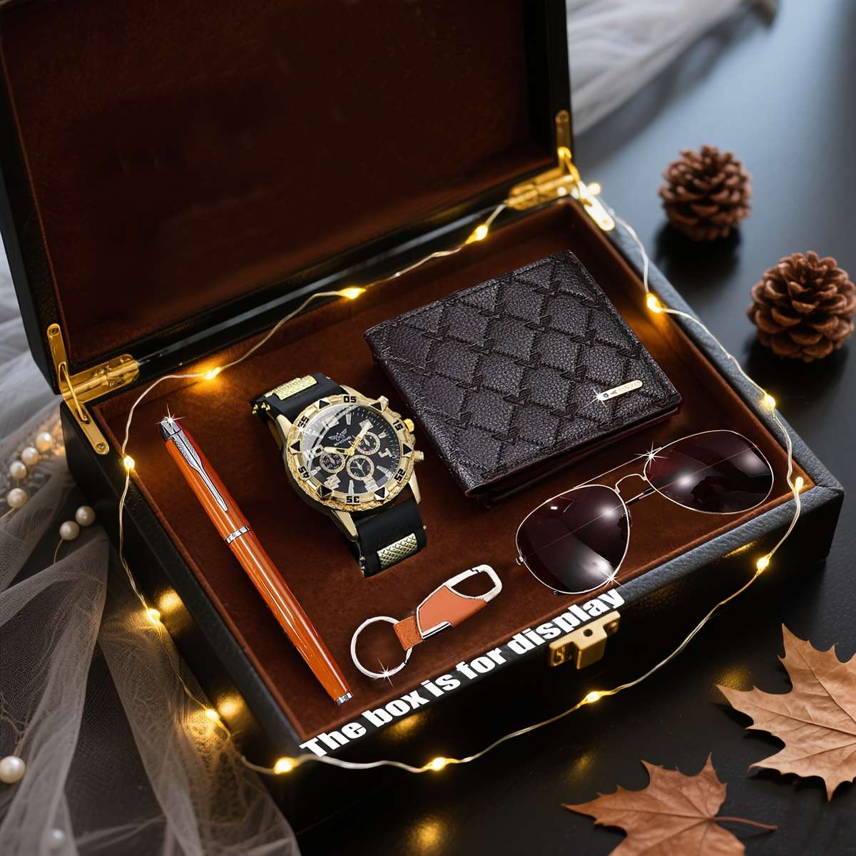 6Pcs Men Fashionable Quartz Watch Set With Wallet Glasses Pen Ambient