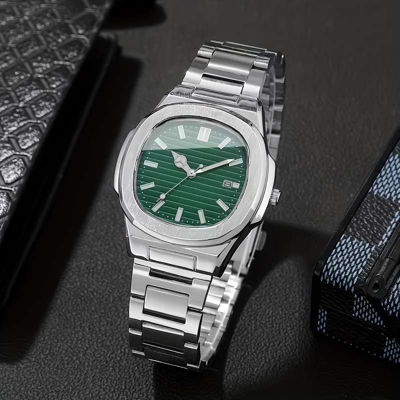 4Pcs Fashion New Men Luxury Quartz Watch Square Dial With Calendar