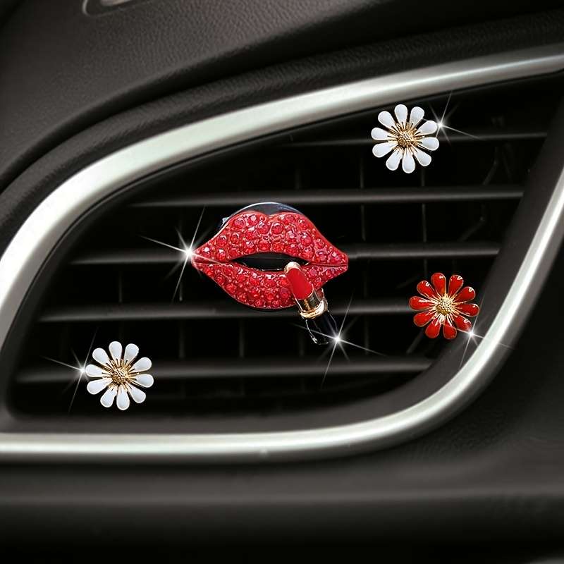 Car Interior Decor Items 4 Pieces 1 Large Red Lip  Add  2 White Flowers  Add  1 Large Red Flower