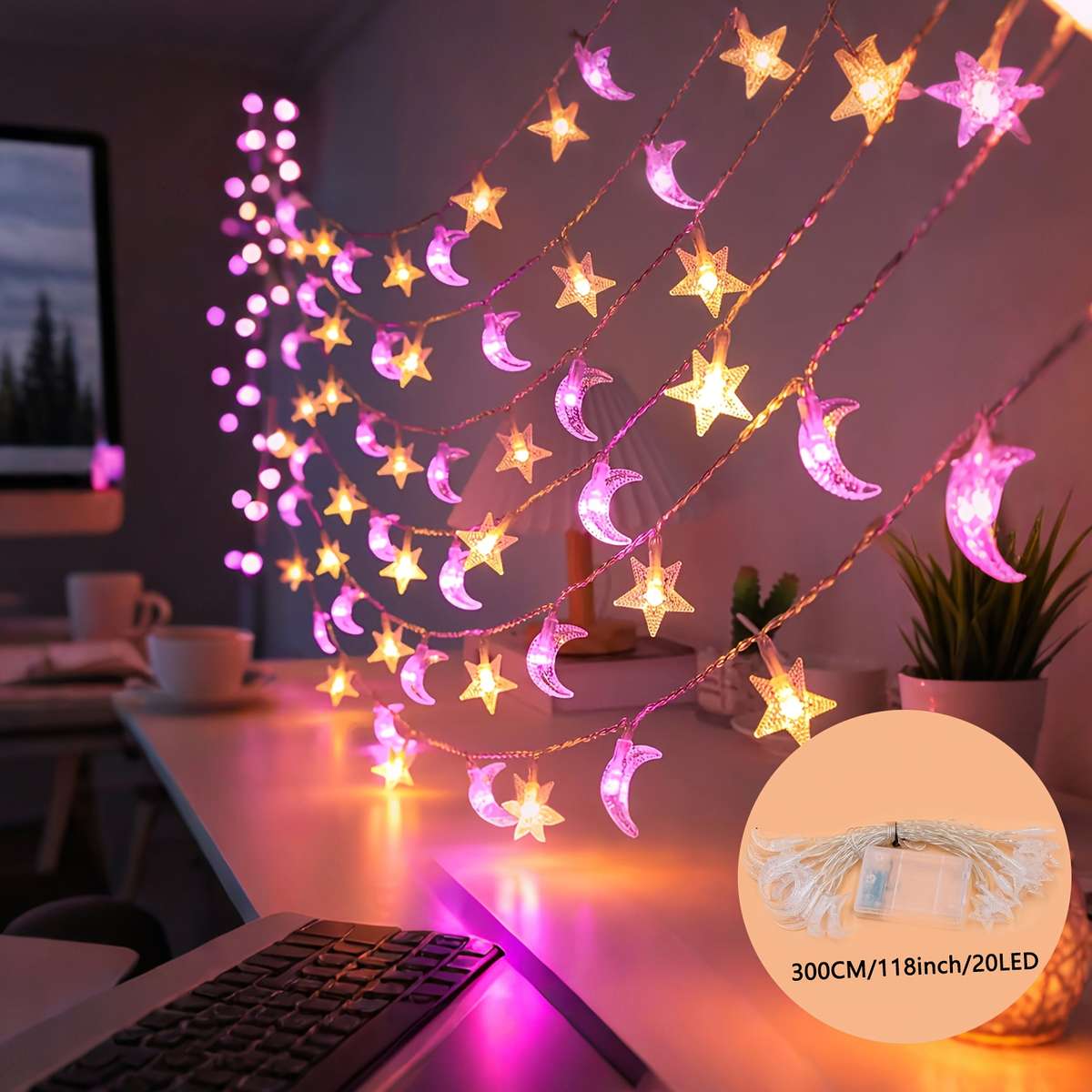 Reliable Sturdy Material Pink Moon Warm Star String For Wedding Party 59Inch