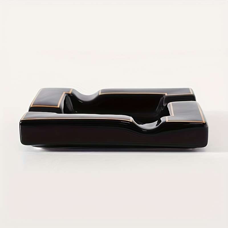 Heavy Duty Luxury Black Golden Ceramic Ashtray With Smoke Slot Design Black