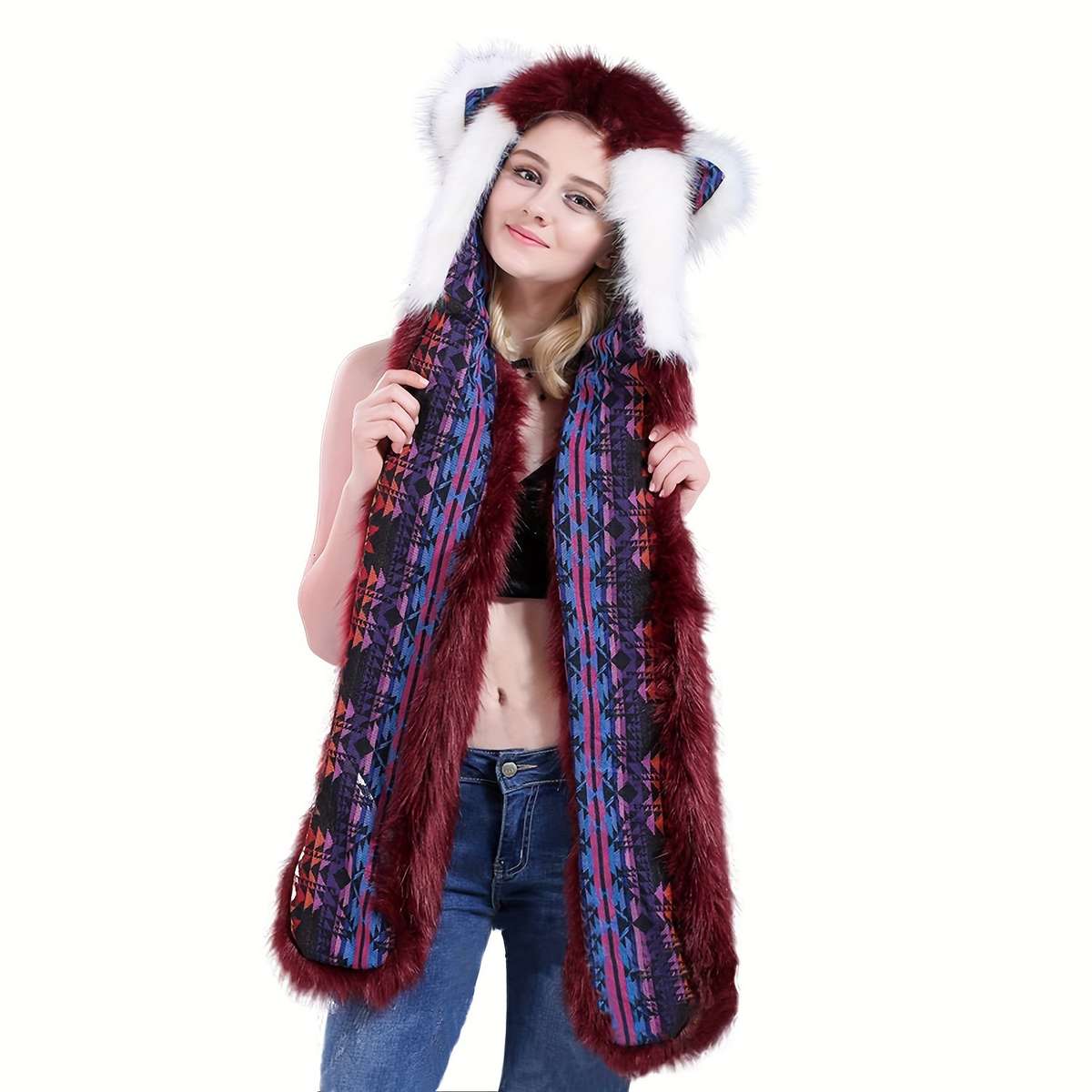 Winter Hat Color New Red And Black Soft Fox Add Tiger Pattern Size One Size