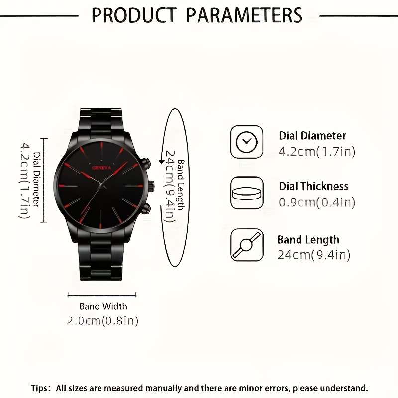 4Pcs Fashion Men Round Quartz Watch Set With Stainless Steel Strap