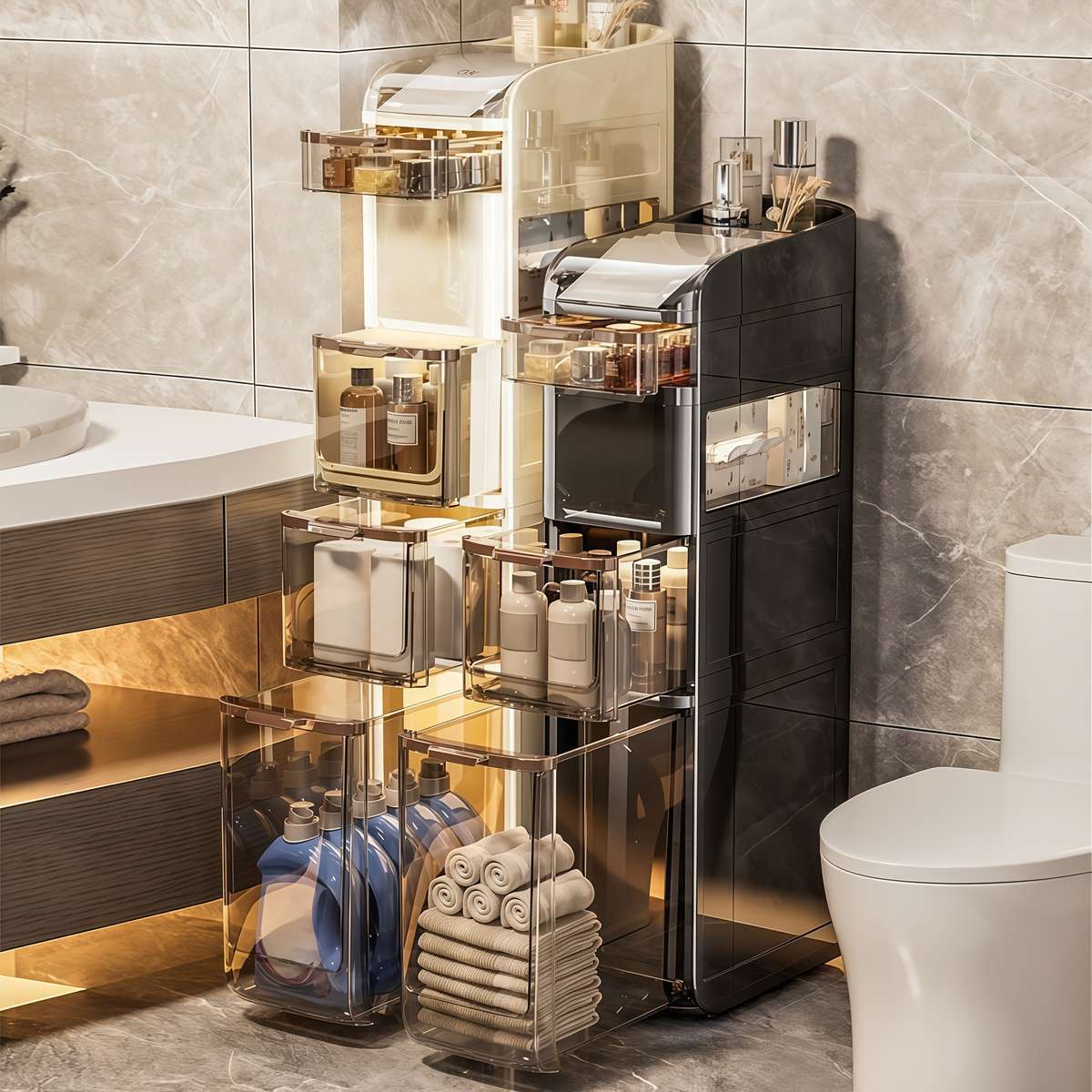 Bathroom Storage Rack Glossy Black 3-Tier With Lid