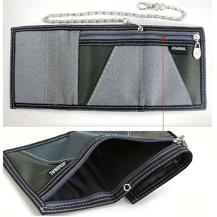 1pc Compact Men's Canvas WalletHigh-Quality Multi-Functional with Chain Detail Portable Travel