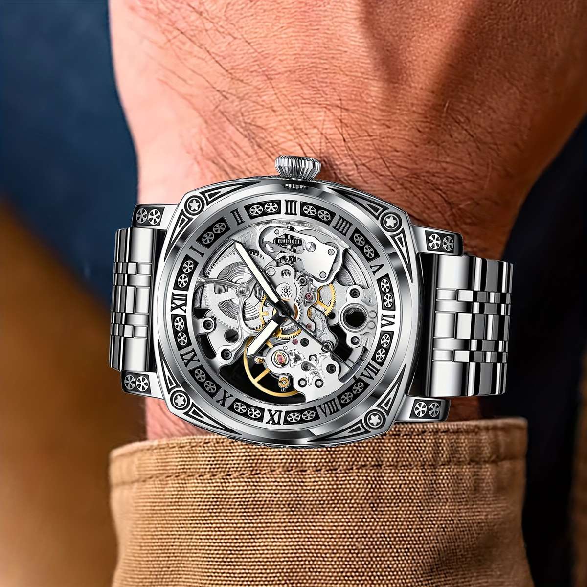 Carved Automatic Watches For Men Tattoo Case Watches For Men