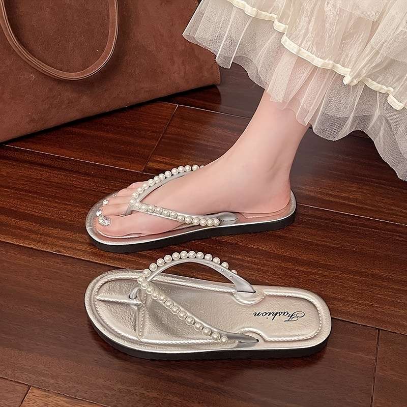 Ladies Summer Flip Flops Silvery Uk 4.5-5