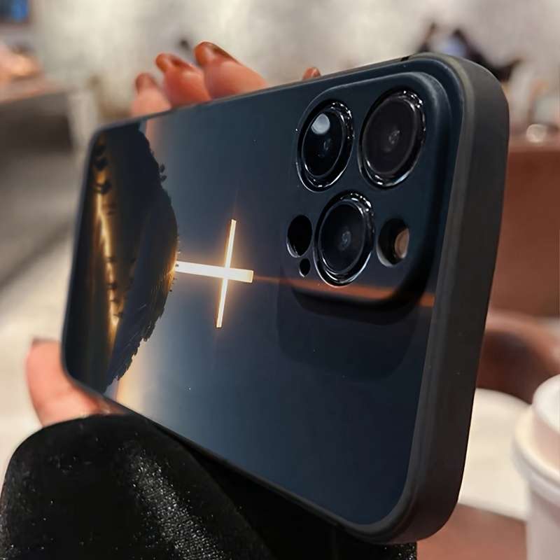 1Pc Black For iPhone 16 Plus Cross Pattern Phone Case