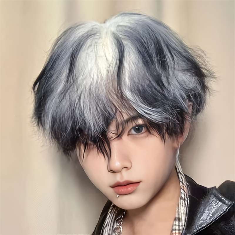 Black Highlights White Mens Wigs Hair Length 20.32Cm