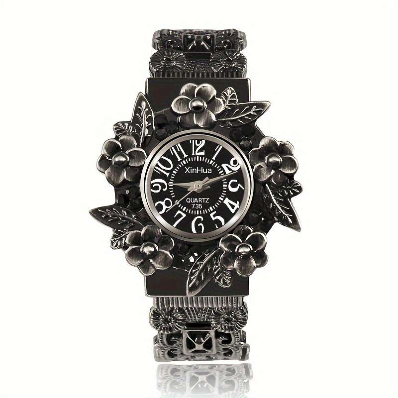 Vintage Women Bracelet Watch 3D Floral Leaf Quartz Wristwatch Black
