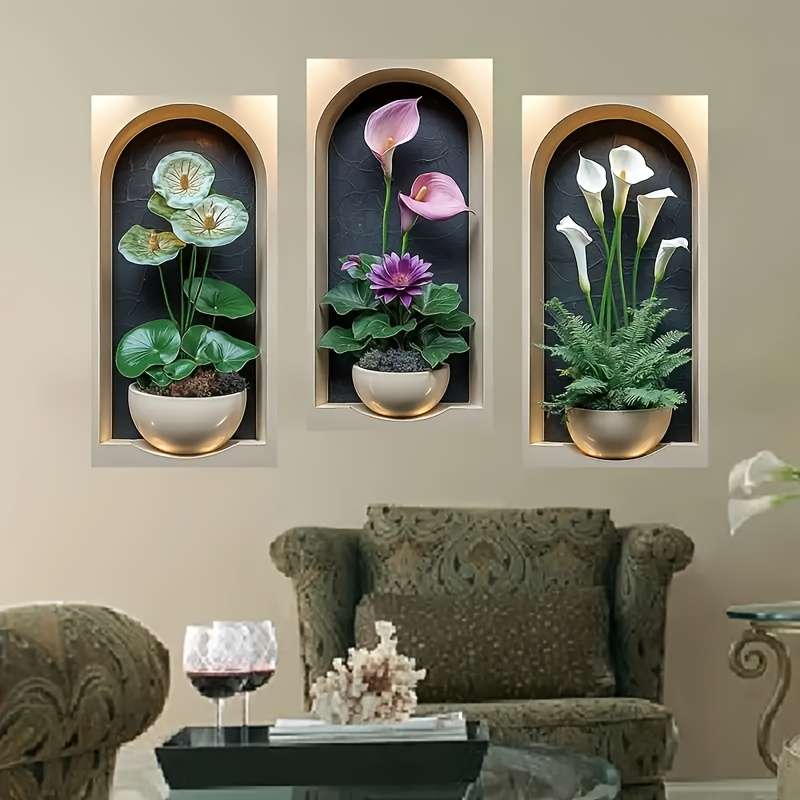 3Pcs Durable Green Plant And Floral Bonsai Art Set Wall Interior Design
