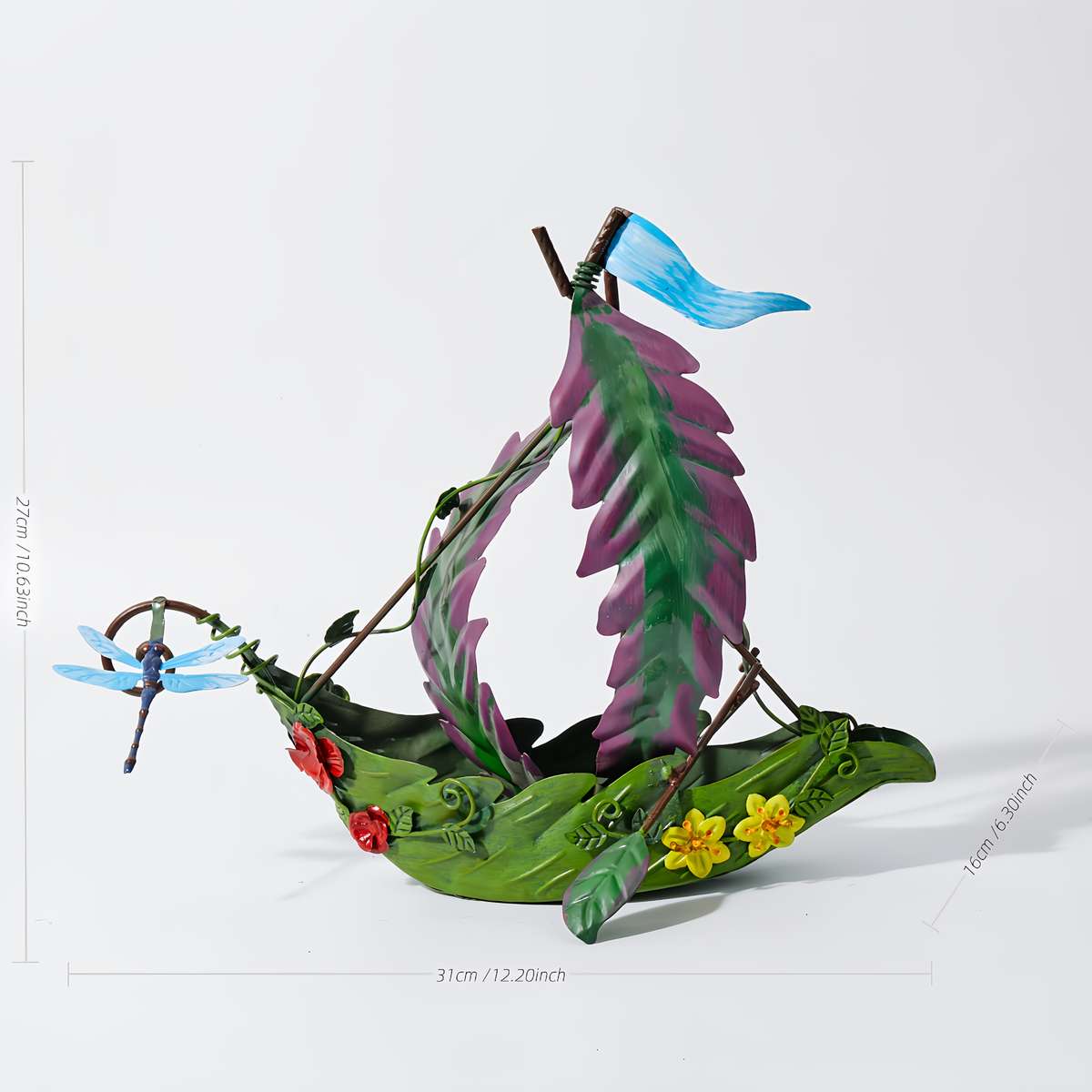 Handcrafted 3D Metal Fairy House Sailing Leaves Boat Statue Enchanted Forest