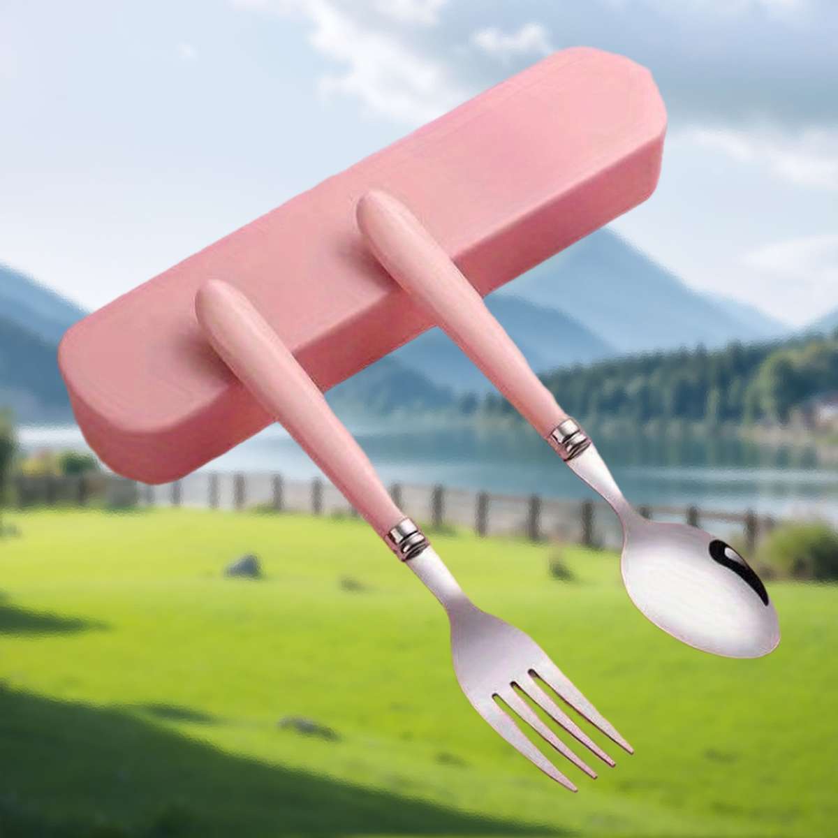 2pcs Stainless Steel Utensil Set with Storage Box Portable Spoon and Fork Available in Green