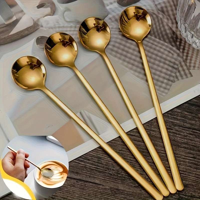 4pcs Golden Stainless Steel Spoons with Long Handles Ideal for Coffee Tea Ice Cream and De