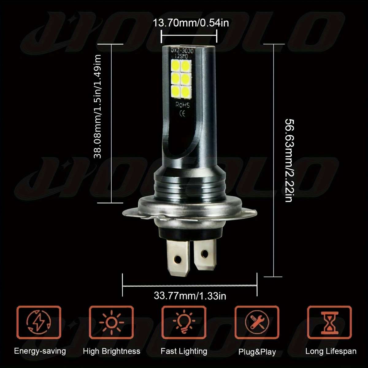 2pcs H7 3030 12SMD Extremely Bright White Fog Light DRL LED Bulbs