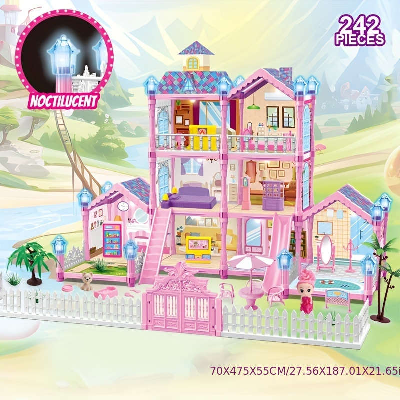 3D Building Model Puzzle Set Items Luminous Diy Princess Villa Castle Pink 216 Pieces