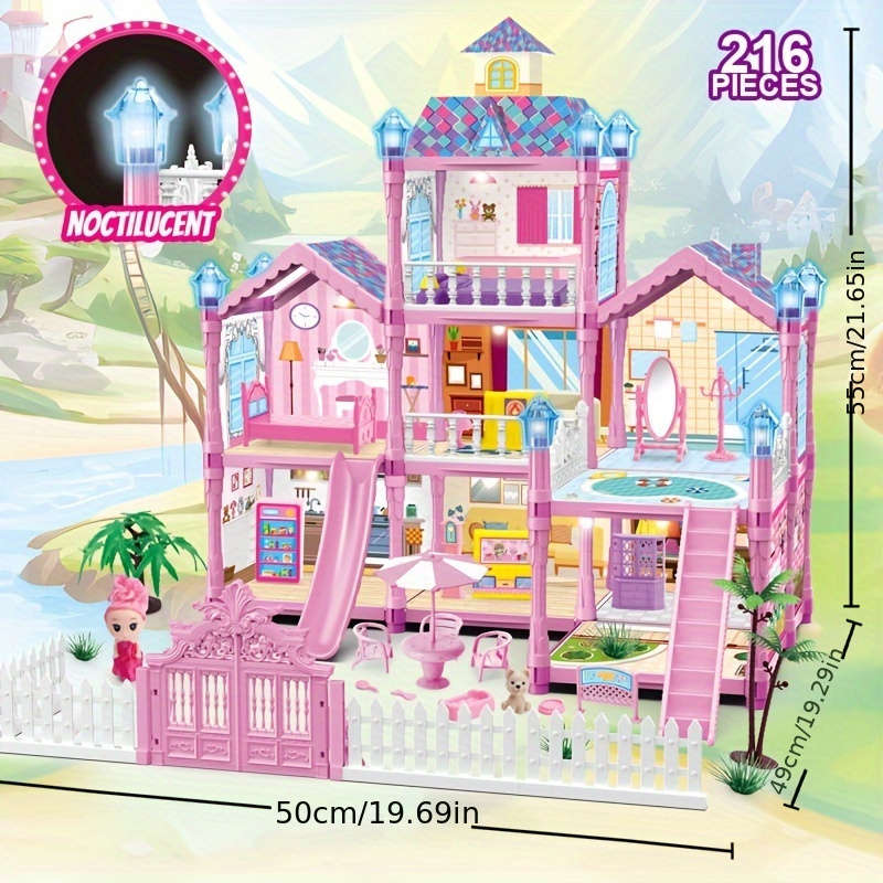 3D Building Model Puzzle Set Items Luminous Diy Princess Villa Castle Pink 242 Pieces