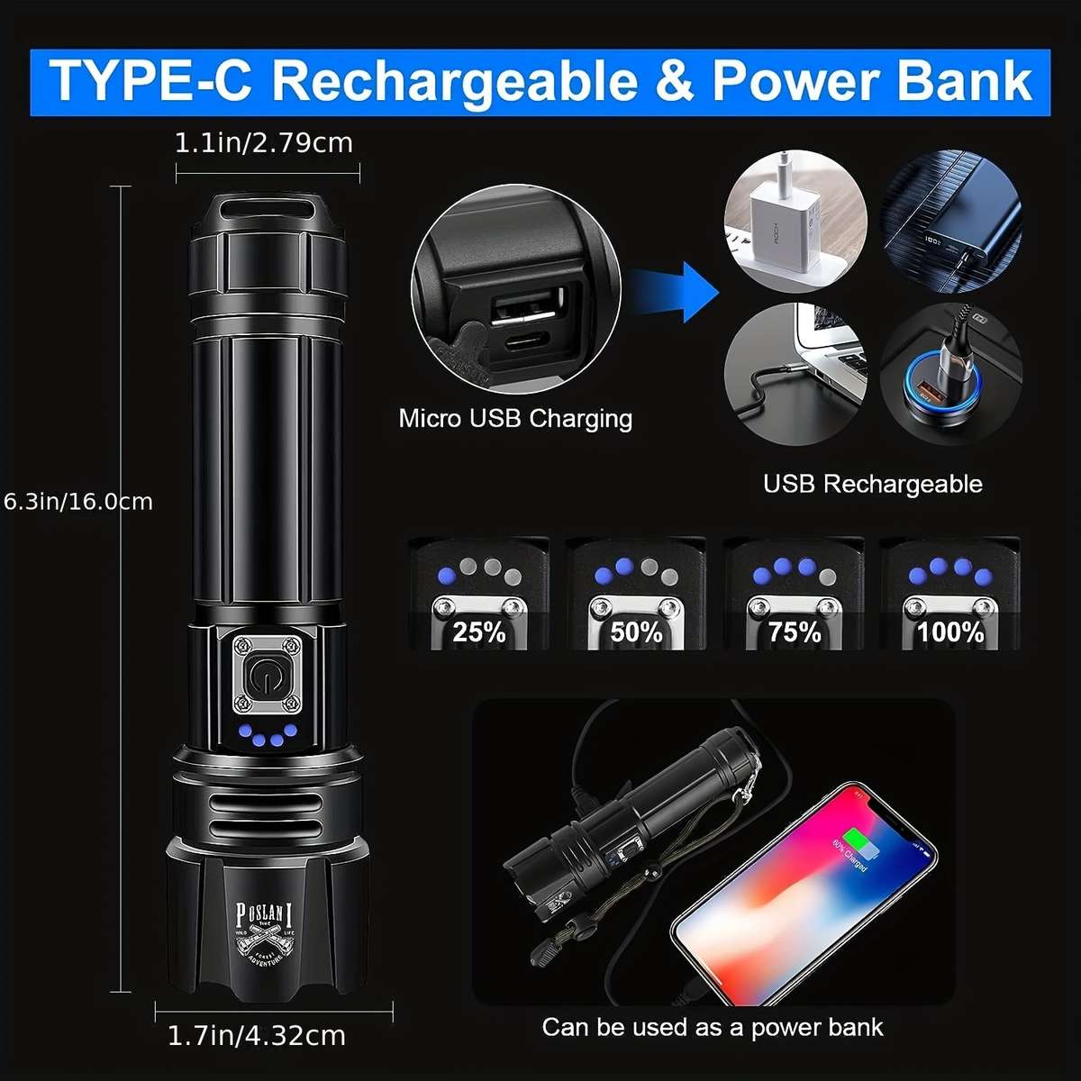 Heavy Duty Poslani Led Flashlight 700 Lumens Rechargeable Handheld Emergency