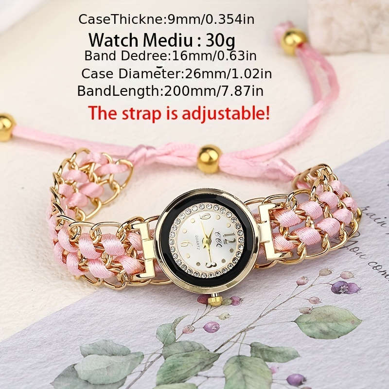 Premium Women Small Watch Case Rhinestones Adjustable Woven Strap Red