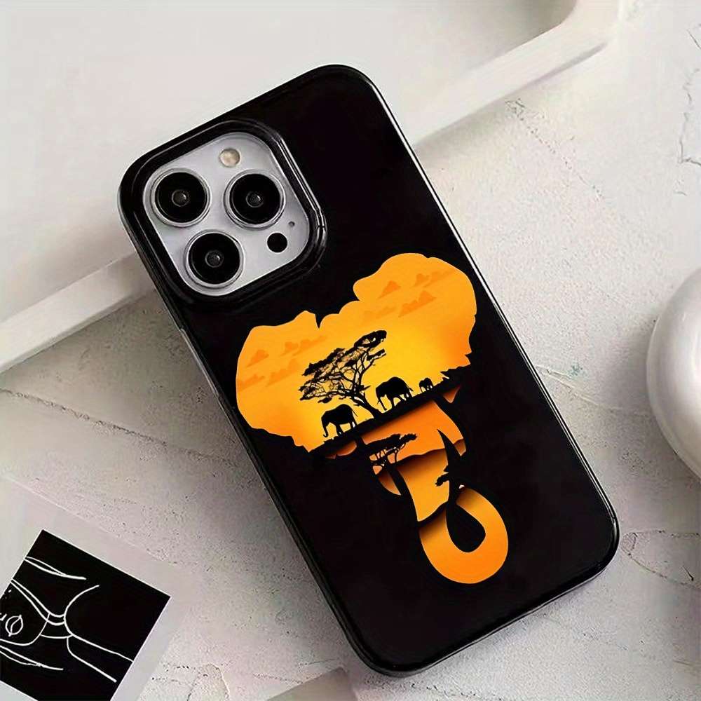 1Pc Black For iPhone 15 Plus Twilight Elephant Pattern Phone Case
