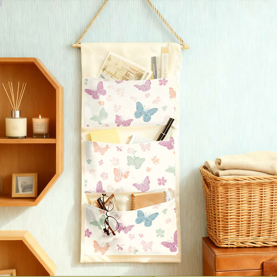 Wall Hanging Storage Bag Butterfly Garden Pattern Decor