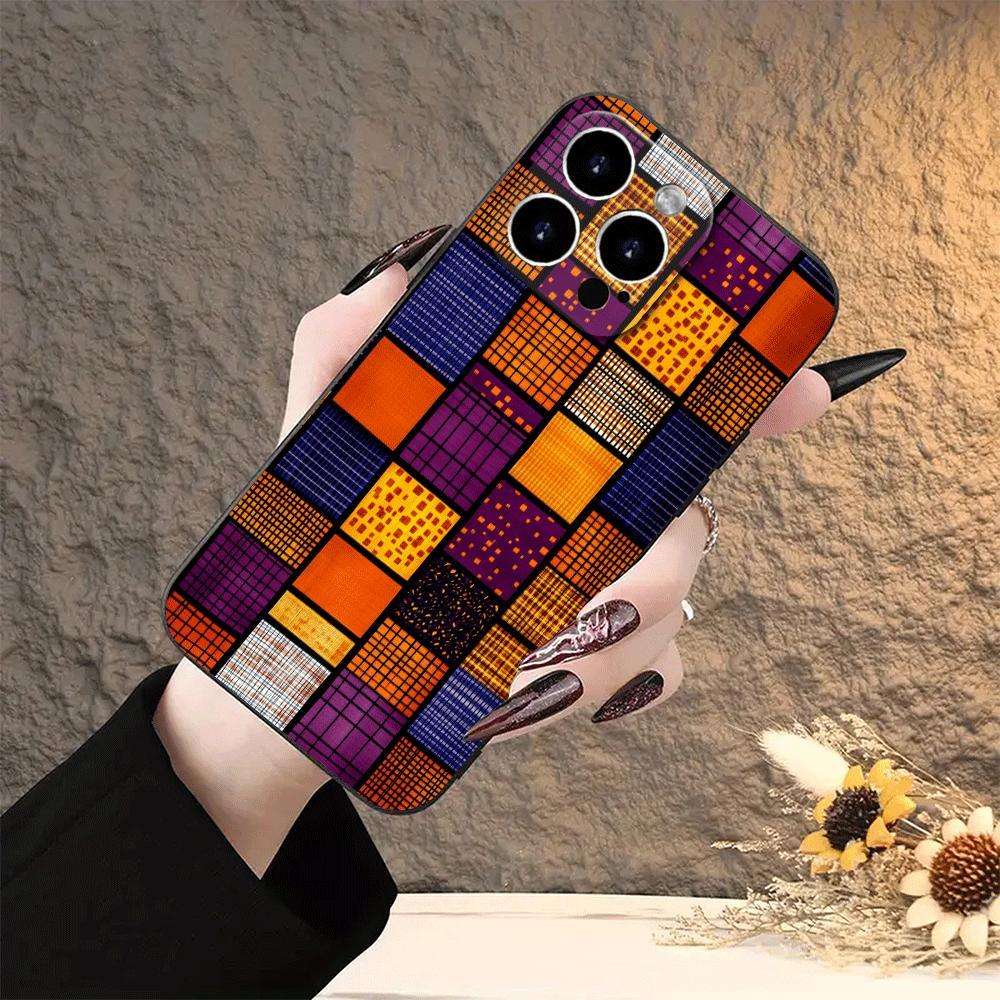 1Pc Black For iPhone 14 Plus Colorful African Fabric Phone Case