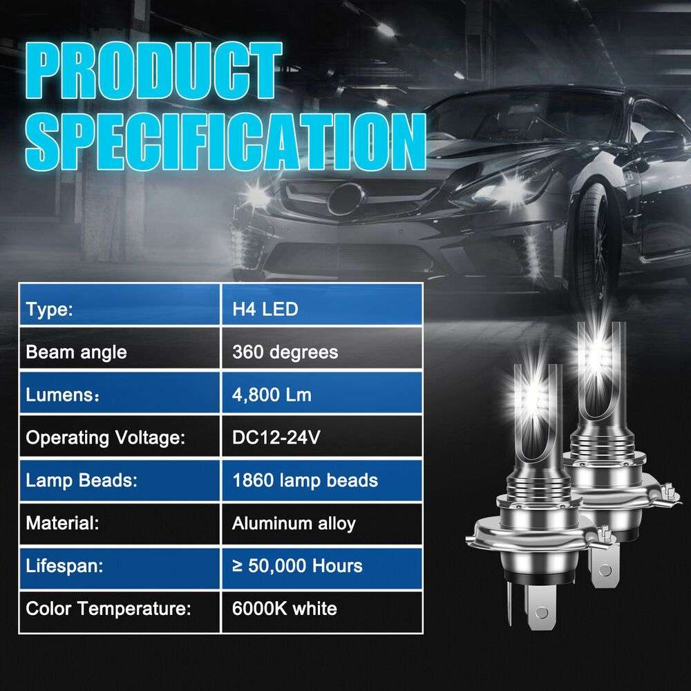2pcs 16000lm H4 9003 HB2 LED Combination LED Fog Driver Bulb Kit Super Bright 6000K W
