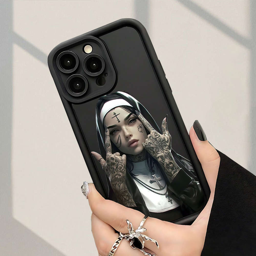 1Pc Black For iPhone 12 Pro Beautiful Nun Pattern Phone Case