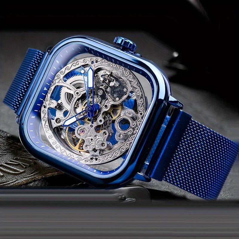 Modern Mens New Blue Square Features Skeleton Design Magnetic Meshcolor Black