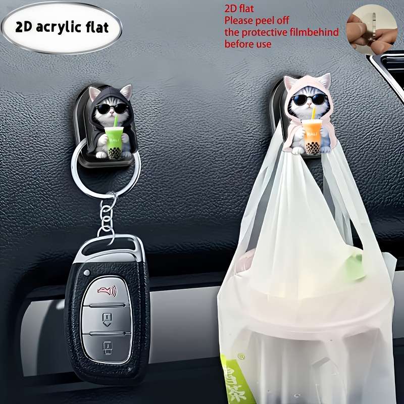 2D Flat Cute Cat Drinking Juice Pattern Adhesive Car Storage Quantity 2pcs