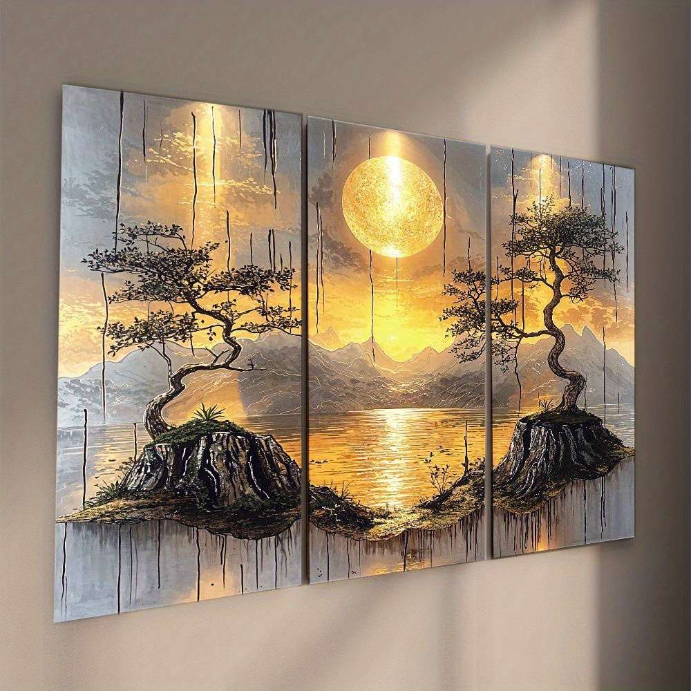 3Pcs Classic Leaflure Bonsai Tree Wall Art Golden Sun Mountain Living Room