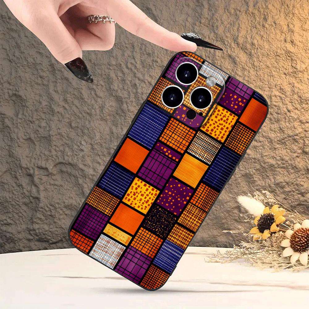 1Pc Black For iPhone 14 Plus Colorful African Fabric Phone Case