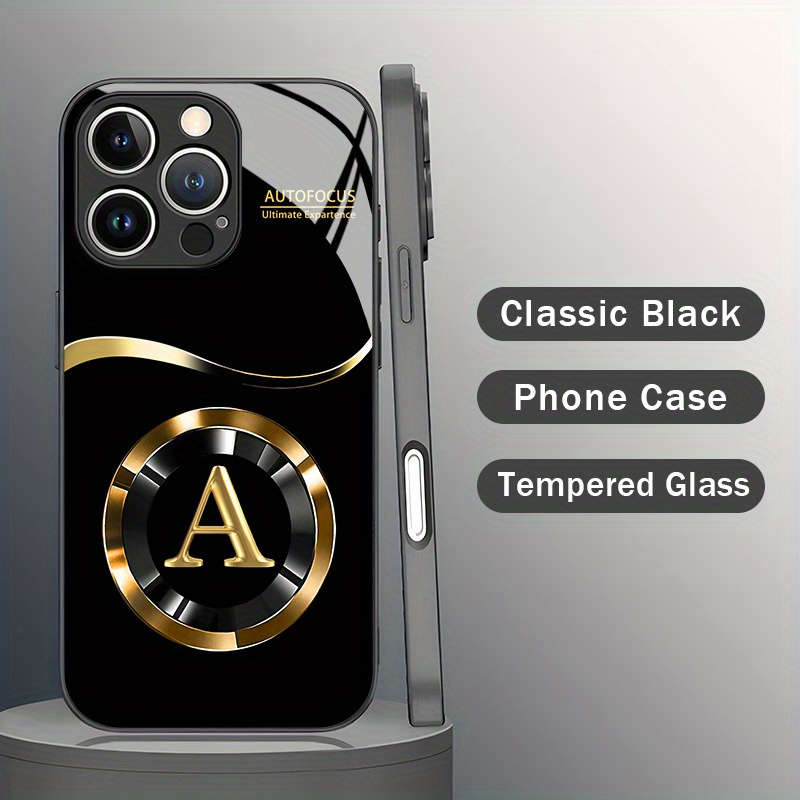 1Pc Black For iPhone 16 Plus Golden Letter A Pattern Phone Case