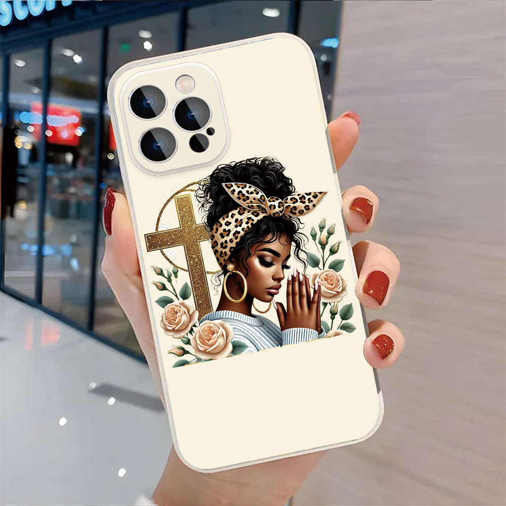 1Pc Black For iPhone 15 Plus Cross And Roses Phone Case