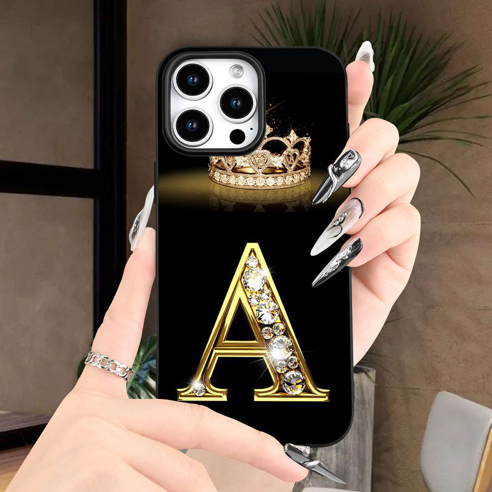 1Pc Black For iPhone 14 Plus Crown Letter A Pattern Phone Case