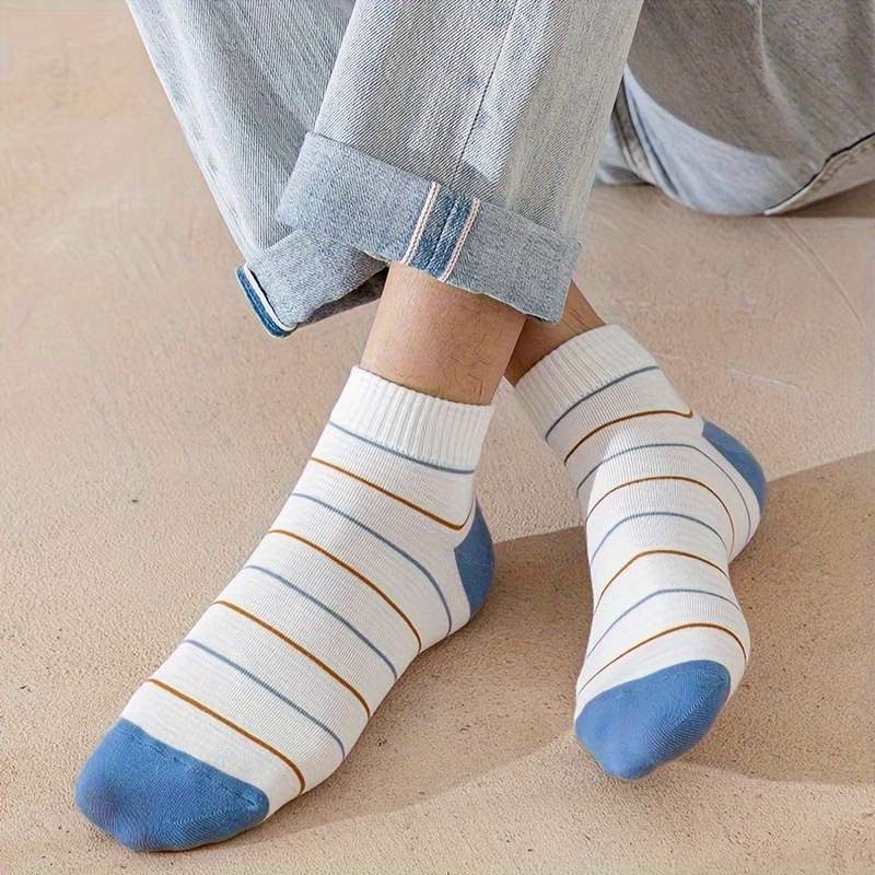 5 Pairs Blue And White Contrast One Size High Elastic Socks