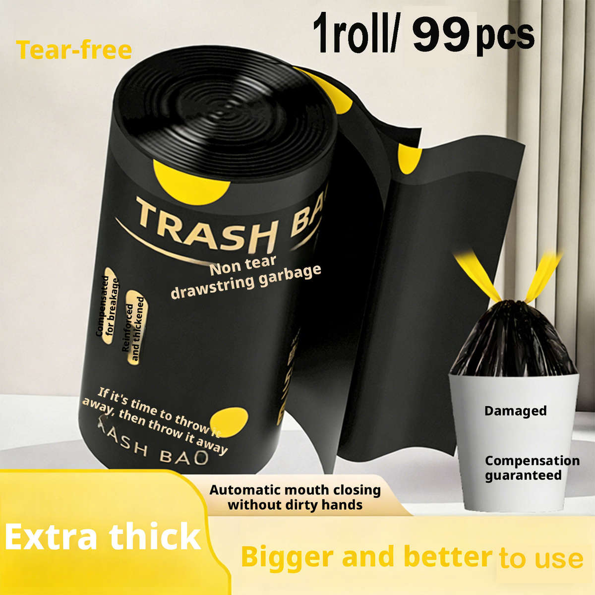 Trash Bagblack And Yellow Drawstringquantity1Roll99Pcs