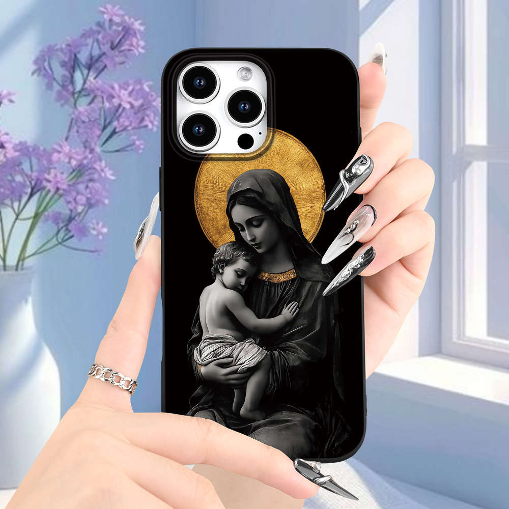 1Pc Black For iPhone 16 Pro Virgin Mary Jesus Phone Case