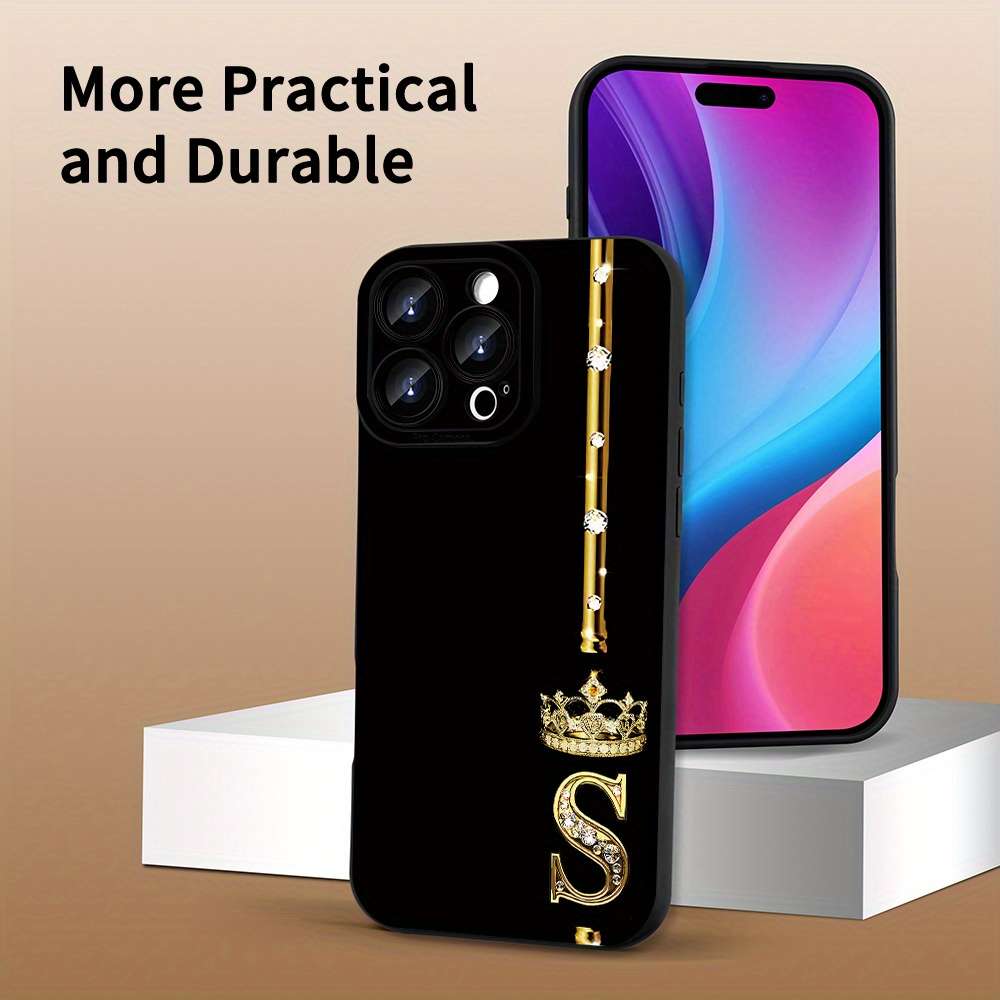 1Pc Black For iPhone 16 Pro Crown Diamond Letter S Phone Case