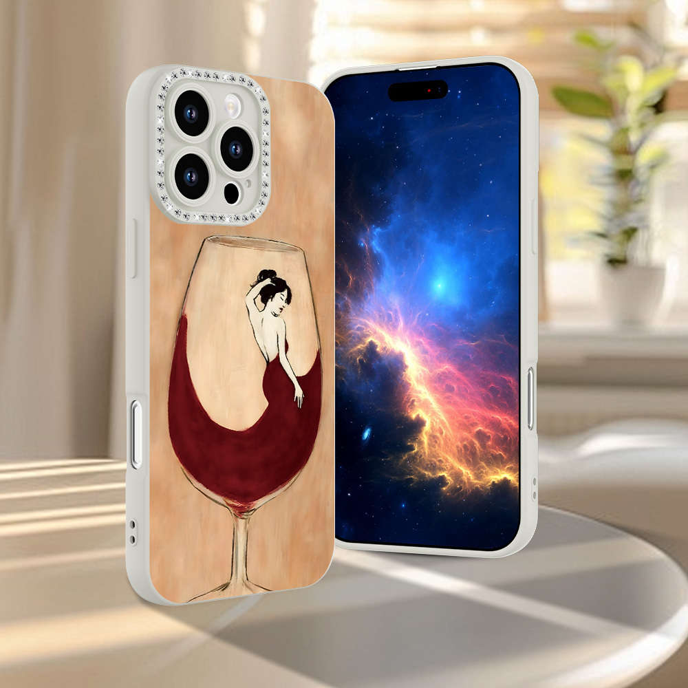 1Pc Ivory White For iPhone 16 Red Wine Print Phone Case