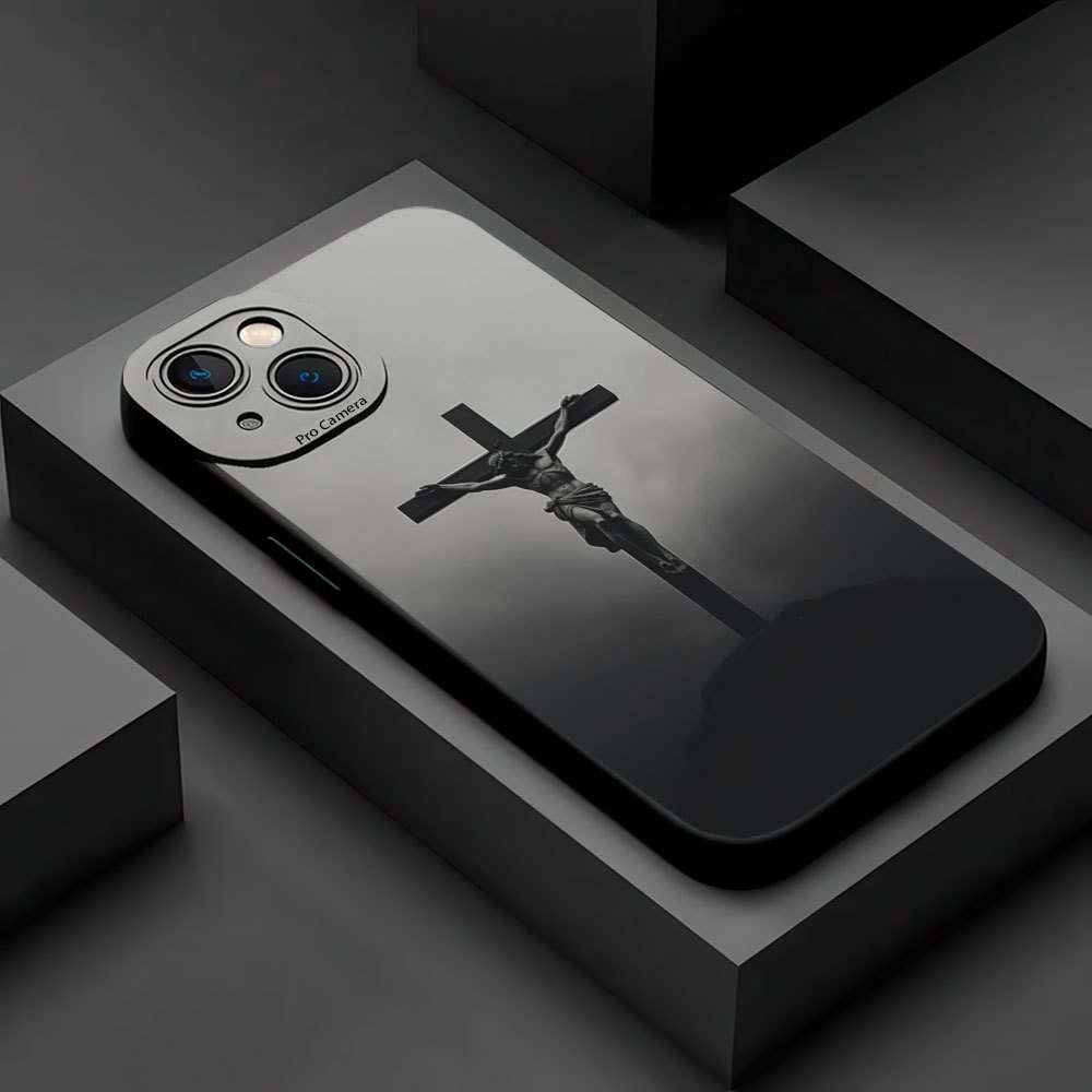 1Pc Black For iPhone 13 Mini Cross Jesus Print Phone Case