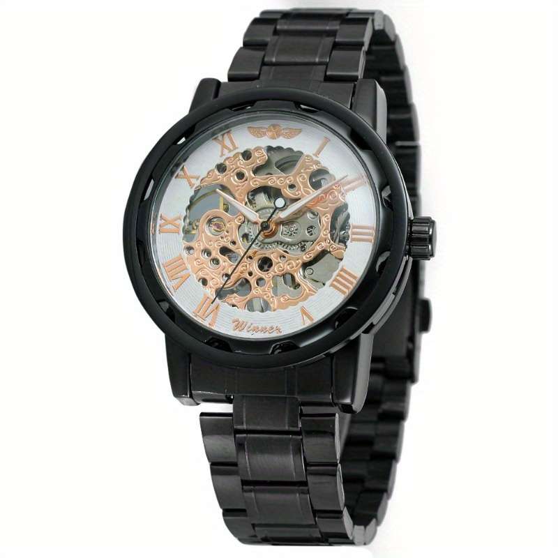 Modern Mens Mechanical Watch Skeleton Dial Full Black Dial Alloy Case