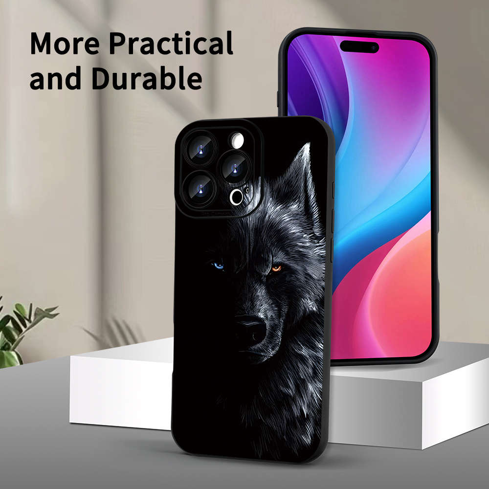 1Pc Black For iPhone 15 Wolf Pattern Phone Case