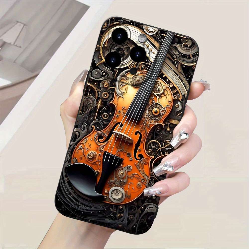 1Pc Black For iPhone 16e Steampunk Violin Pattern Phone Case