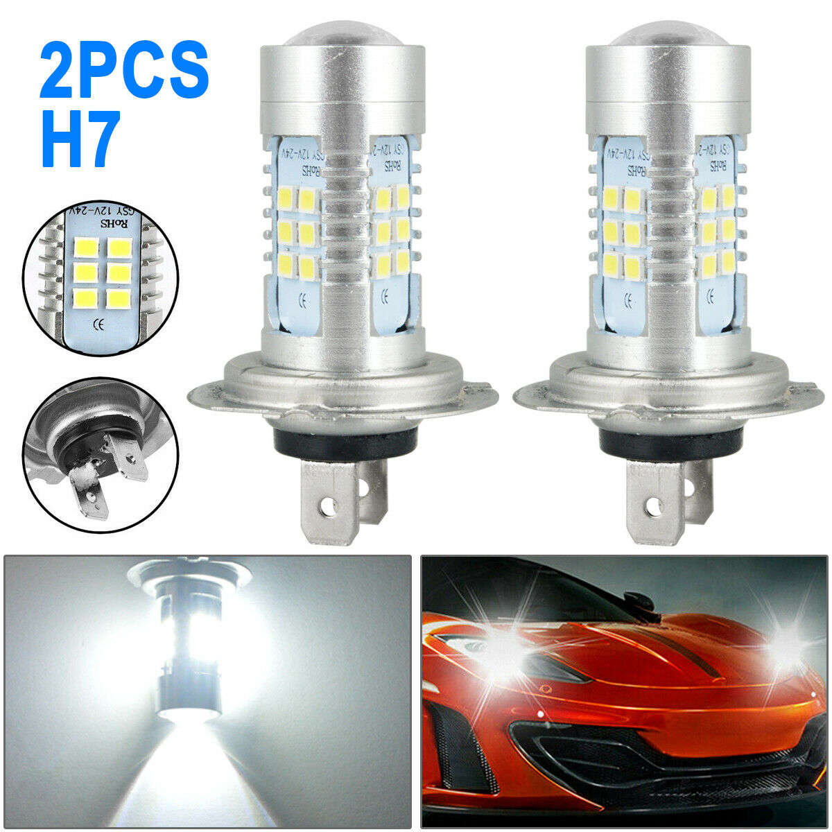 2pcs H7 LED Headlight Bulbs High Low Beam 6000K Super White Lights Car Fog Lights
