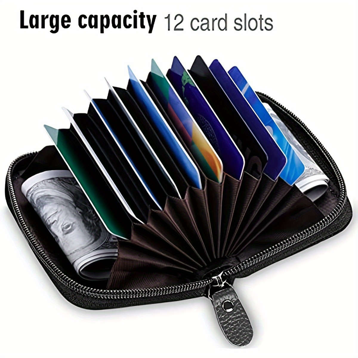Compact Rfid Blocking Zipper Walletgenuine Faux Leather Credit Card Holder With 12 Secure Sl
