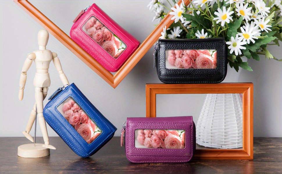 Compact Rfid Blocking Zipper Walletgenuine Faux Leather Credit Card Holder With 12 Secure Sl