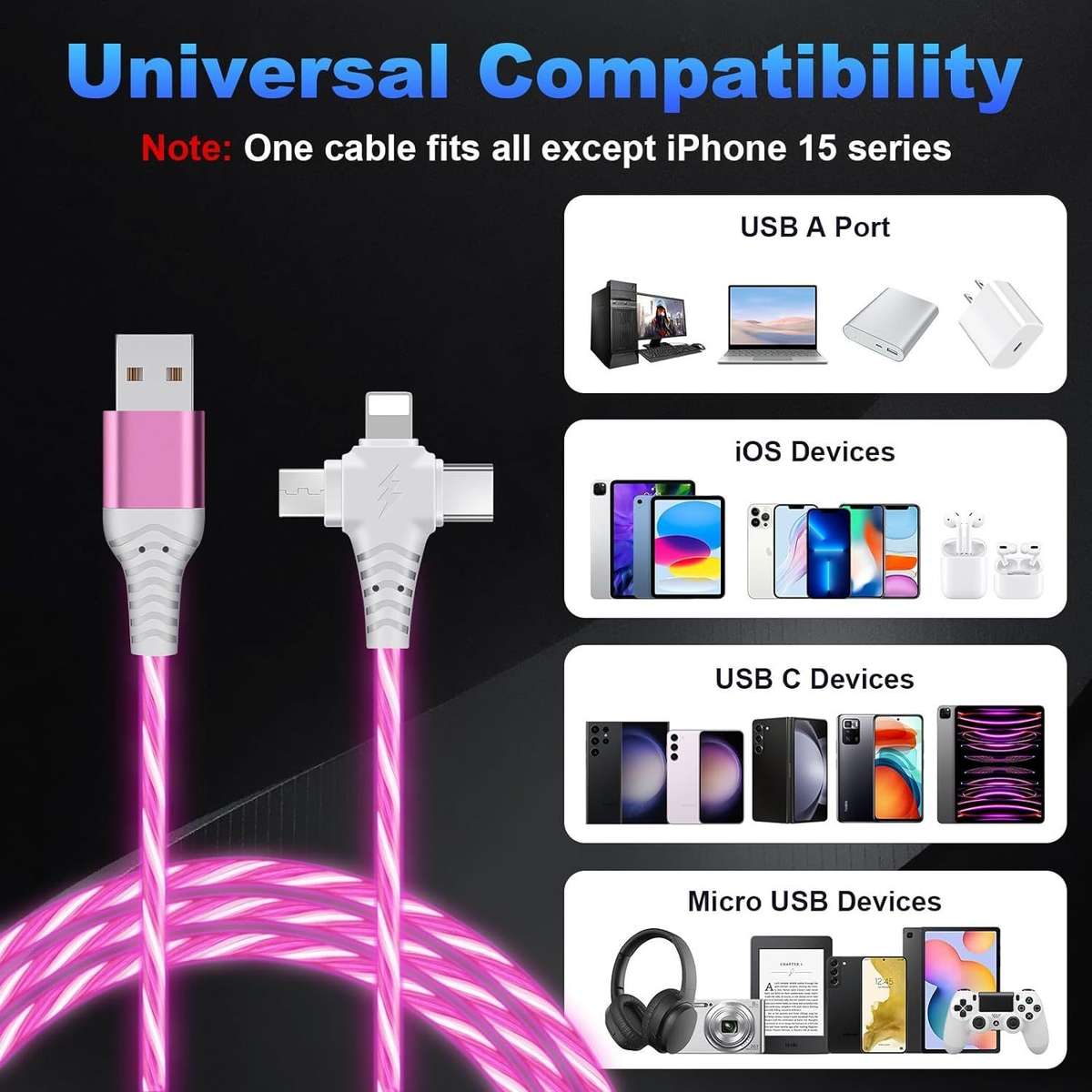 3in1 Light Up USB Fast Charging Cable 100cm