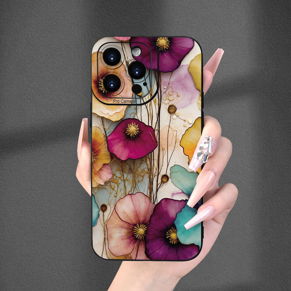 1Pc Black For iPhone 15 Retro Flower Phone Case